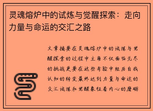 灵魂熔炉中的试炼与觉醒探索：走向力量与命运的交汇之路